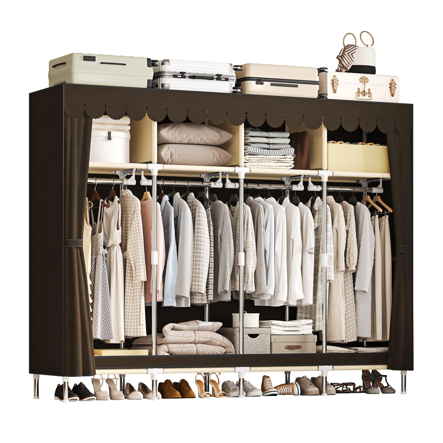 LEAIJIAFY Large Portable Armoire Wardrobe Closet with 4 Hanging Rods and Lockers,Metal Storage Wardrobe Clothes Rack with Dust Cover for Clothes,16.7 in Wide,Bedroom,Brown