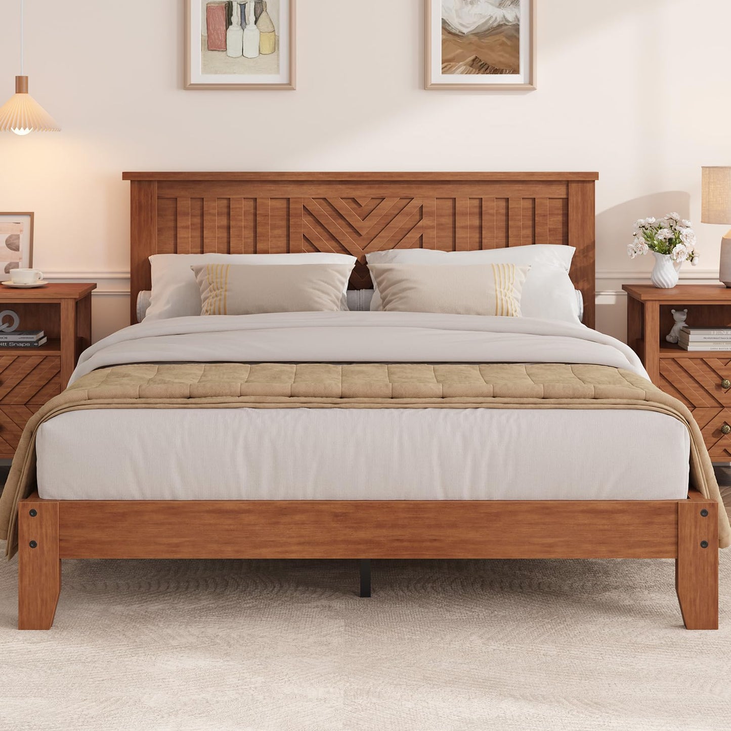 SLEKVERSA Wooden Platform Bed Frame with Headboard, Queen Size Mattress Foundation with Wooden Slat Support, No Box Spring Needed, Easy Assembly, Light Brown