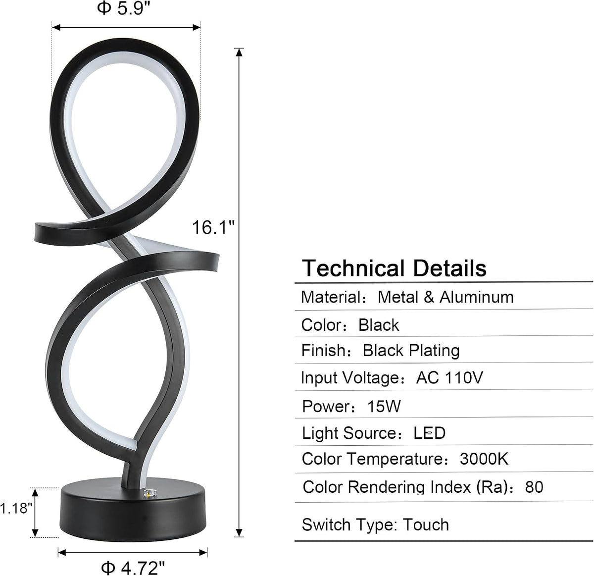 RGB Modern Small Table Lamp with LED Spiral Design, 15W Nightstand Lamp