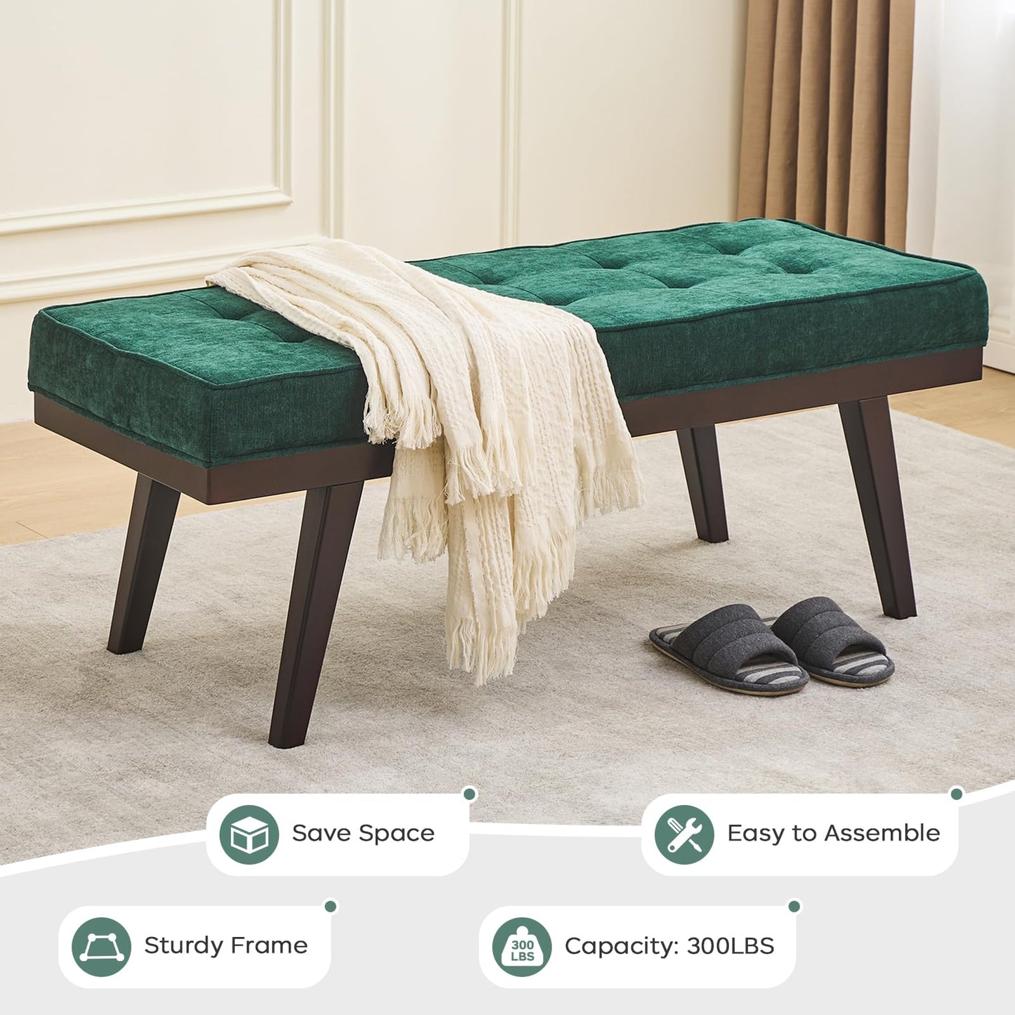 Entryway Bench, 47.2" End of Bed Bench, Chenille Benches for Bedroom Ottoman Bench with Padded Seat, Tufted Upholstered Indoor Bench with Rubber Wood Legs for Living Room, Mudroom, Hallway, Green