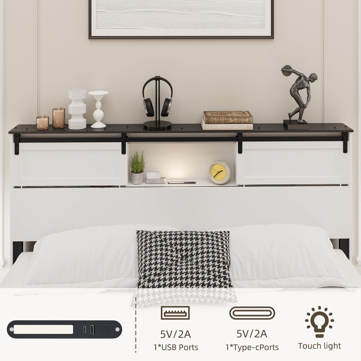 QNICE King Size Wooden Bed Frame with Storage Headboard, LED Lights & Charging Station, Sliding Barn Door, Farmhouse Wood Platform Bed with Metal Slats Support, Boho White