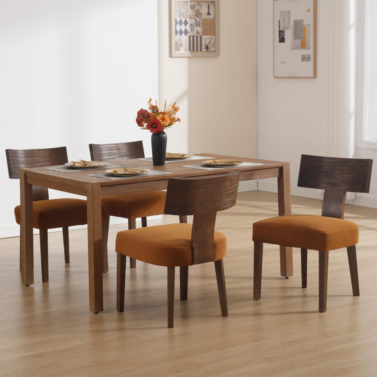 Janoray Farmhouse Dining Chairs Set of 6, Upholstered Dark Brown Wooden Chairs with T-Shape Back, Armless Kitchen Chairs Comfy Accent Chairs, Velvet Orange