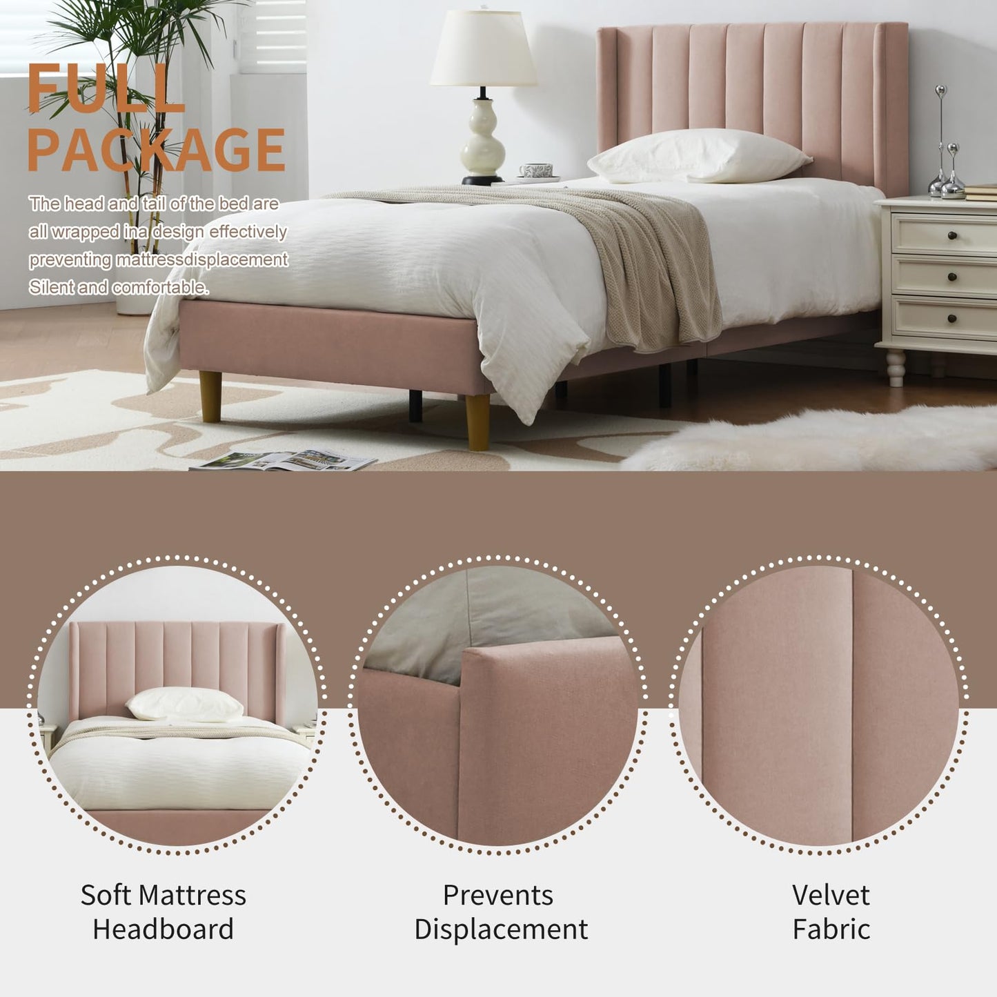 YUHUASHI Twin Size Bed Frame, Upholstered Bed Frame with Modern Geometric Wingback Headboard, Linen Fabric, Platform Bed Frame with Wooden Slats, Easy to Assemble and Noiseless (Beige, Twin)
