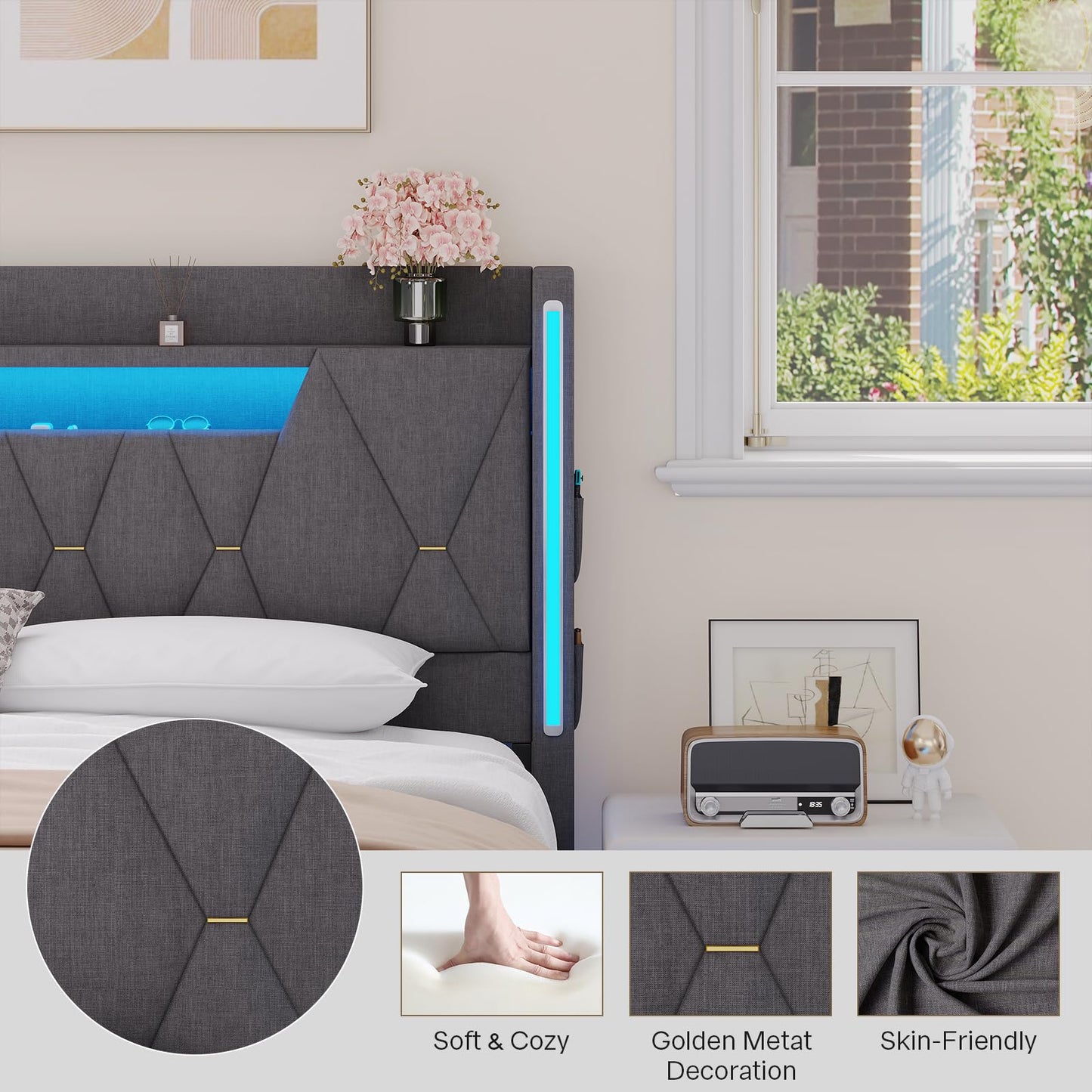 Dnxao Floating Bed Frame,King Bed Frame with Hidden Storage, King Platform Bed Frame with Headboard,4 Pockets,LED Lights and Charging Station, Noise Free, No Box Spring Needed,Quick Assembly,Gray