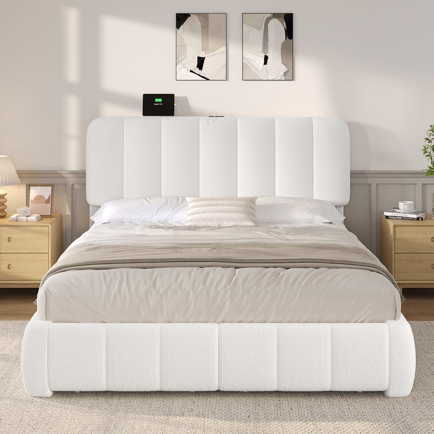 BTHFST Queen Blouce Bed Frame with Storage Drawers and Headboard, Cloud Upholstered Platform Bed Frame, Adjustable Headboard, Soft Rounded Corners, No Box Spring Needed, Easy Assembly, White