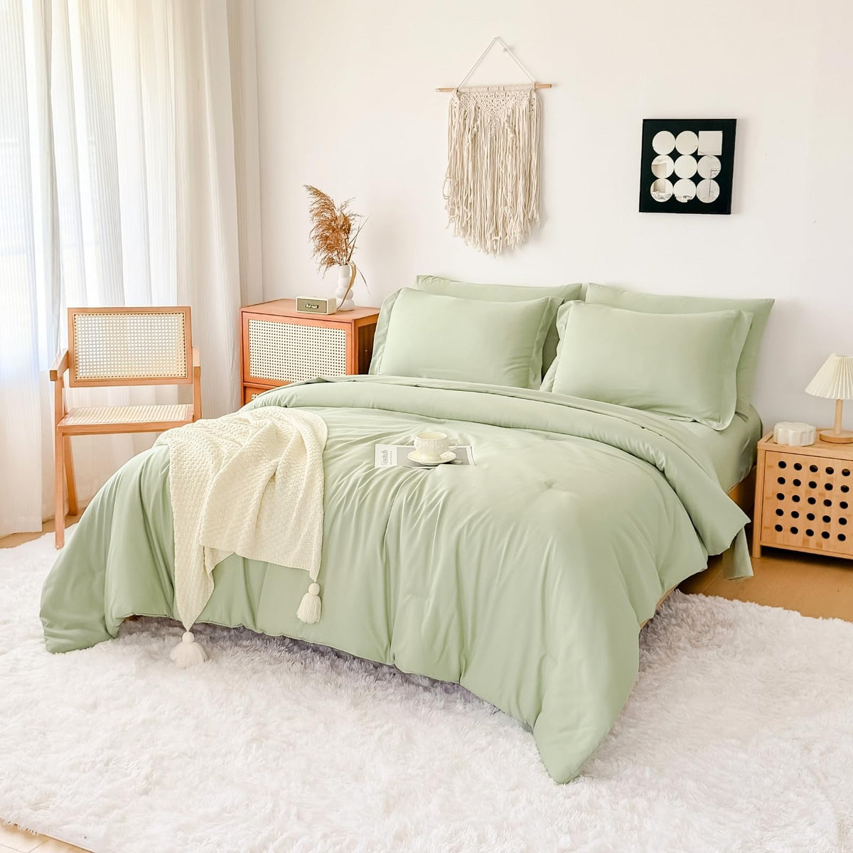 FMLIUY Sage Green Twin Comforter Set - 7-Piece Bed in a Bag, All-Season Soft Bedding with Sheets & Pillowcases (68"x88",Twin,Beige)