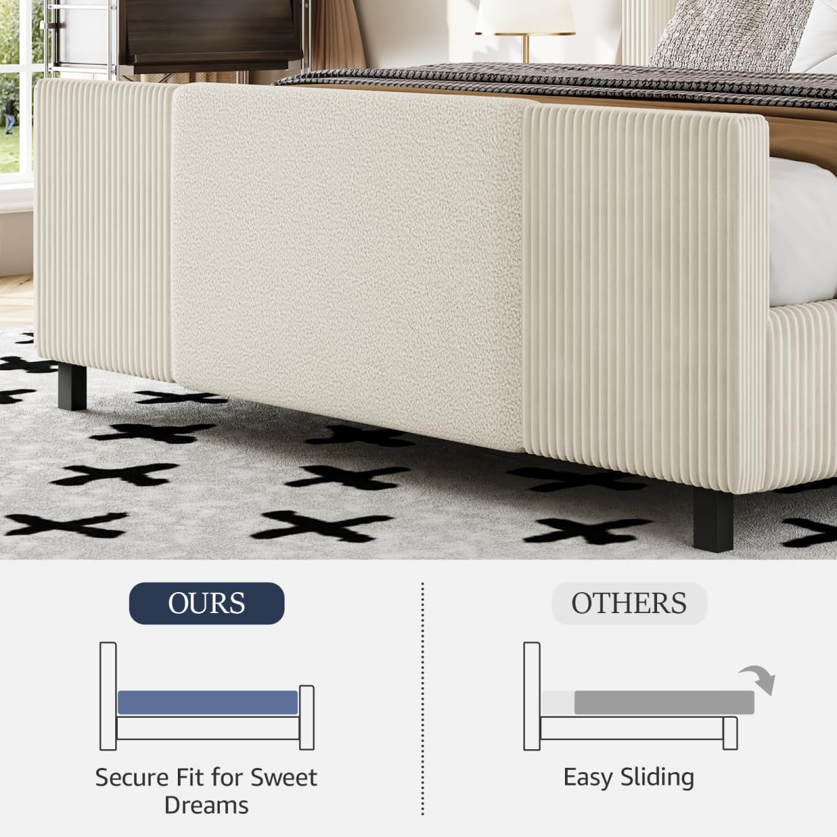 Lihimte 48" Tall Headboard Queen Bed Frame with LED Lights, Boucle and Corduroy Upholstered Bed Frame Queen with Wingback Headboard and Footboard, No Box Spring Needed, Noiseless, Easy Assembly, Beige
