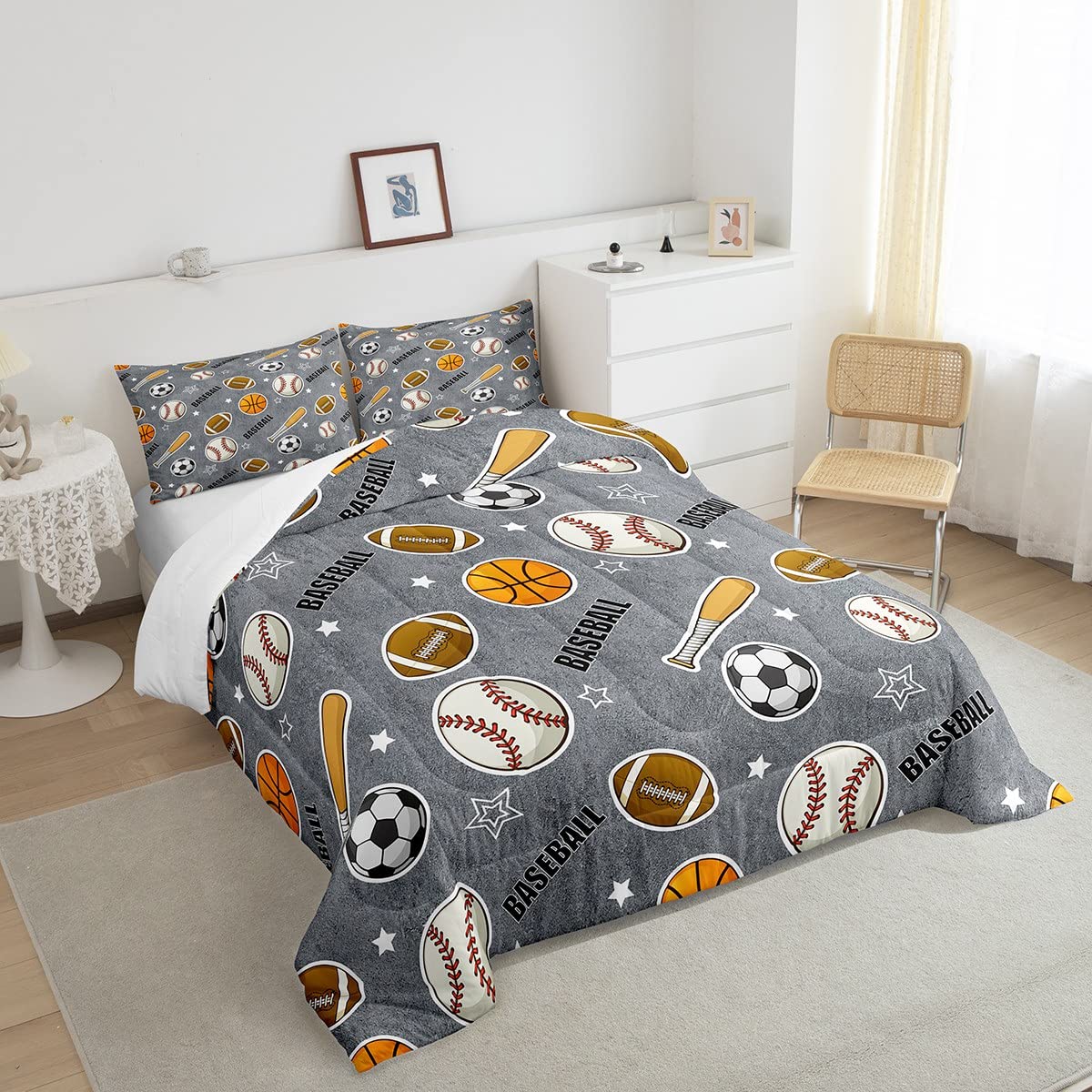 Boys Ball Sports Themed Bedding Set Twin Size Baseball Bat Soccer and American Football Comforter Set 2pcs Kids Teens Cartoon Grey Quilted Duvet Ball Sports Games Bedspread Modern Bedroom Decor