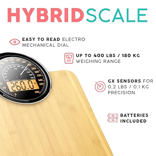 Adamson Hybrid 2-in-1 Analog & Digital Weighing Scale for Body Weight up to 400lbs + Thick Tempered Glass + Extra Large Display + Easy to Read Digital Bathroom Scale + New - Wood