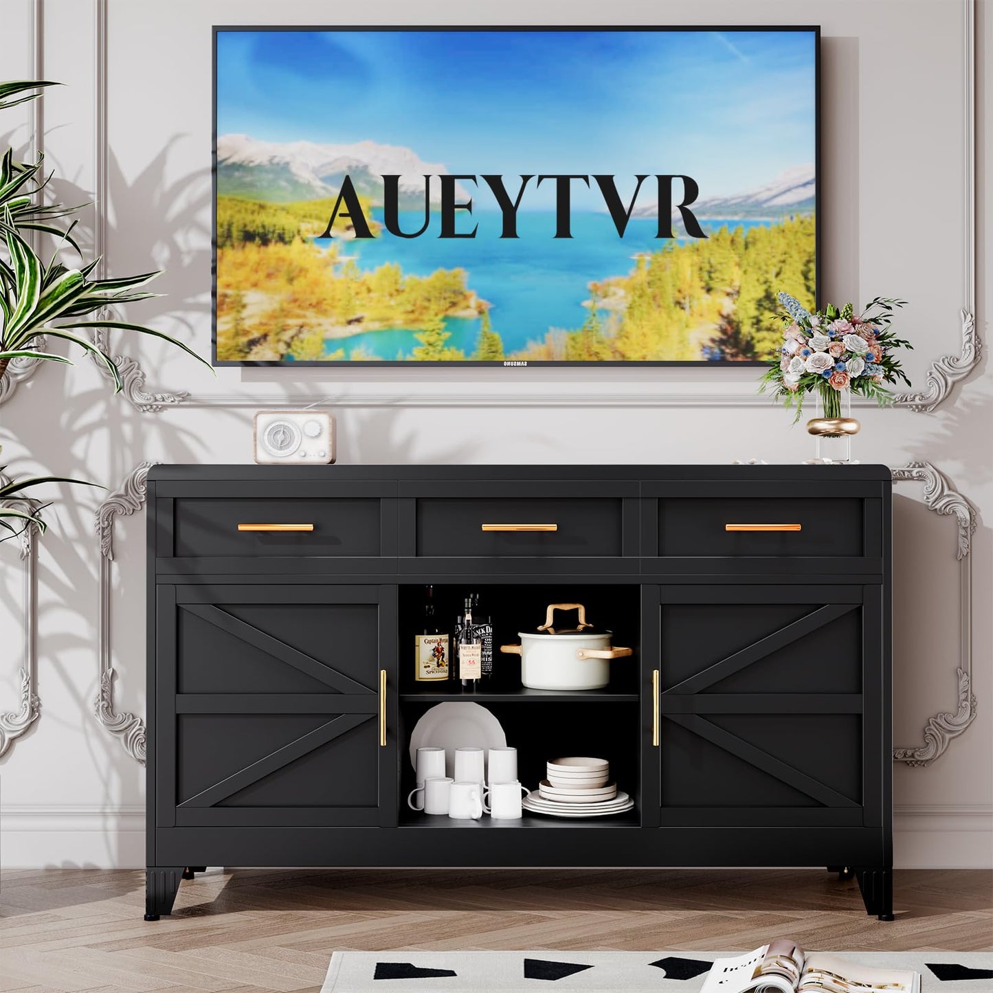 AUEYTVR Metal Sideboard Buffet Cabinet,Coffee Bar Cabinets with 2 Doors, 3 Drawers and an Open Storage Space,Buffet Table Wine Bar Cabinet for Dining Room, Living Room