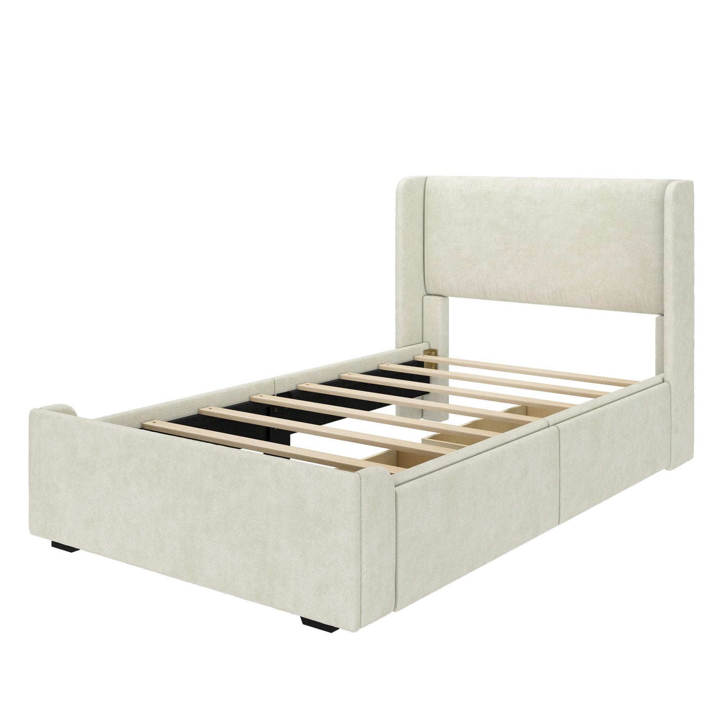 Plank+Beam Upholstered Twin Bed Frame with Rectangular Headboard and Two Storage Drawers, Upholstered Platform Bed, No Box Spring Needed, Easy Assembly, Cream
