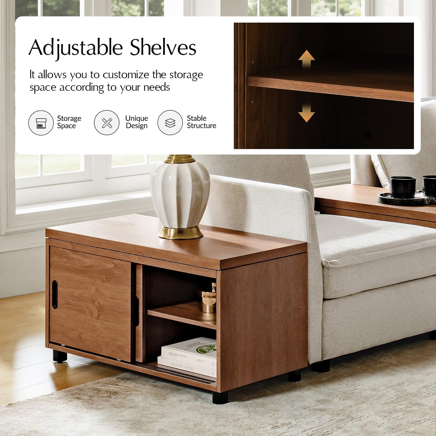 HULALA HOME Coffee Tables Set of 2 with Storage, Modern Sofa Side Tables with Modular Design, Rectangle Wood End Tables with Adjustable Shelves, Acorn