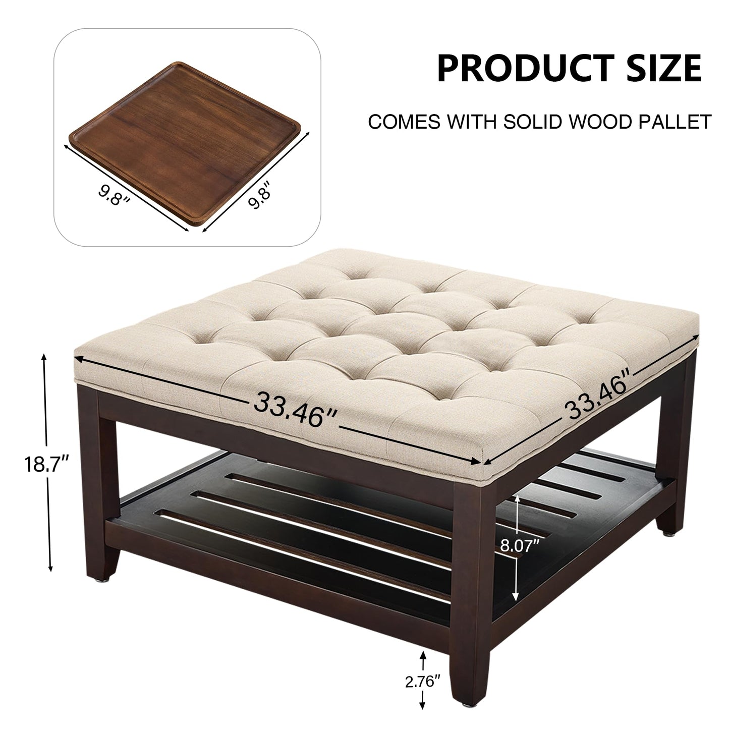 adochr Linen Large Square Ottoman with Storage, Upholstered Button Tufted Ottoman for Living Room, Oversized Ottoman Coffee Table Footrest with Solid Wooden Square Tray, Light Brown