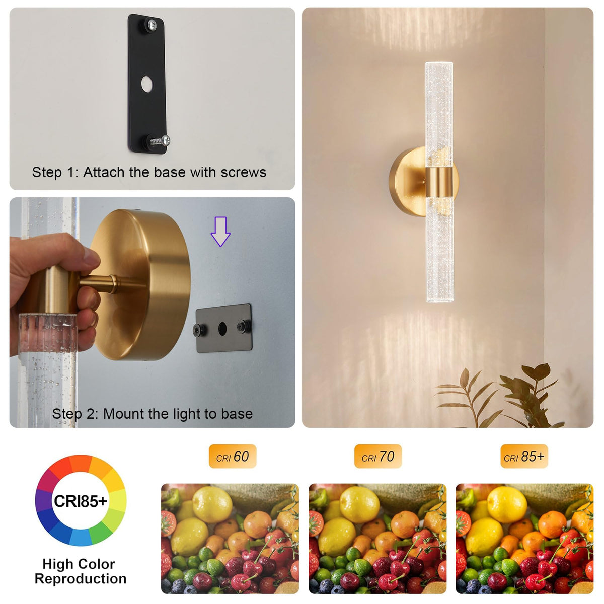Gold Battery Operated Wall Sconce Set of 2, 3000-6000K LED Dimmable Wireless Sconces Wall Lighting with Remote, 15.7" Crystal Rechargeable Cordless Wall Lights for Bedroom, Living Room, Hallway