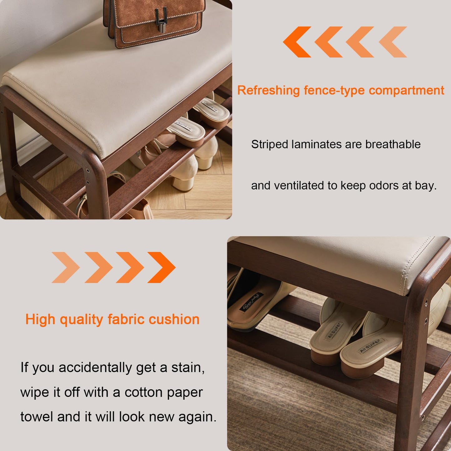 Solid Wood Bench, Entryway Shoe Bench with Cushion, 2-Tier Shoe Racks Bench, Modern Shoe Rack with Flip Top Storage Space, Shoe Organizer for Entryway, Living Room, Hallway, Bedroom
