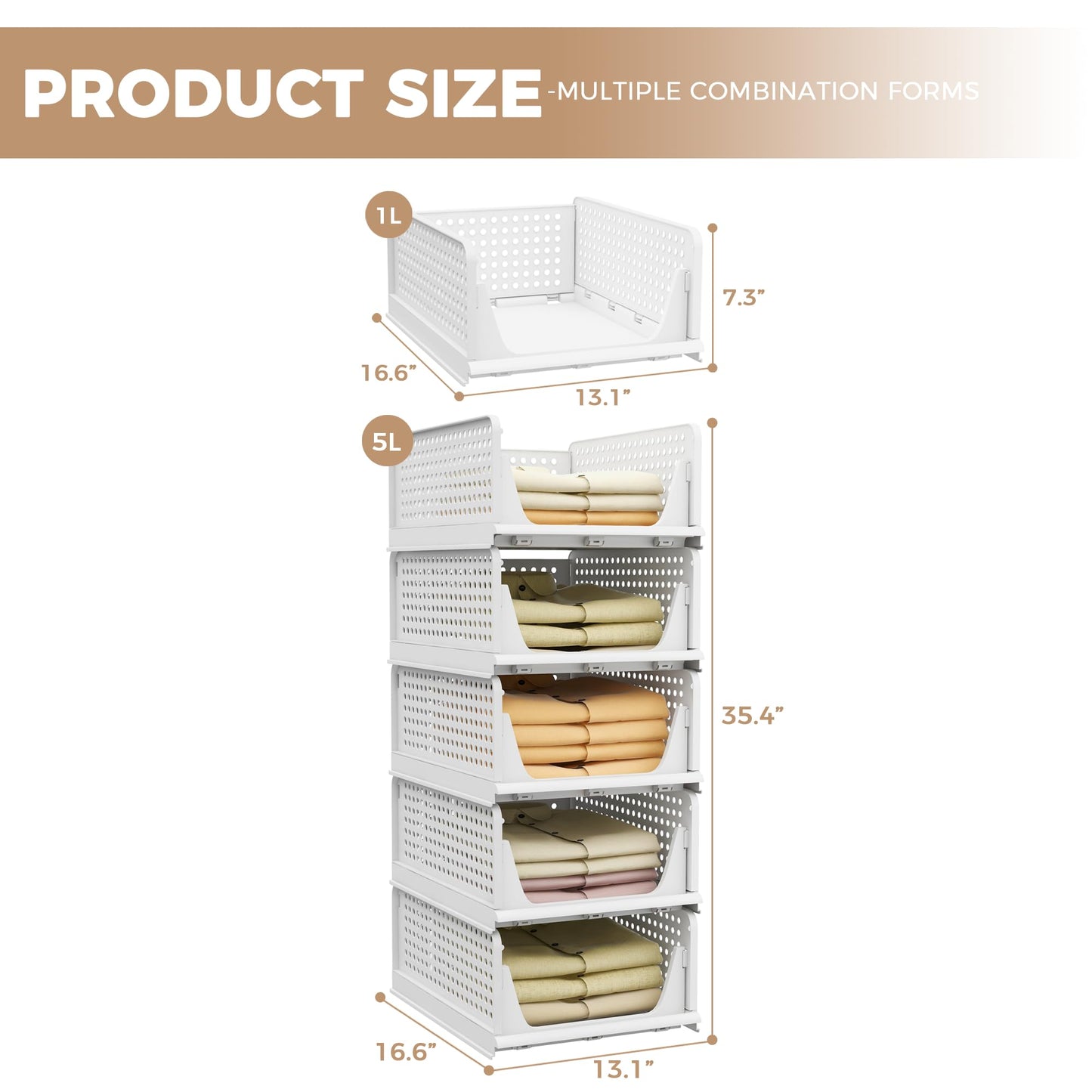 Pinkpum 5 Pack Stackable Plastic Storage Basket Foldable Closet Organizers and Storage Bins, Drawer Shelf Storage Container for Wardrobe Cupboard Kitchen Bathroom Office 5L
