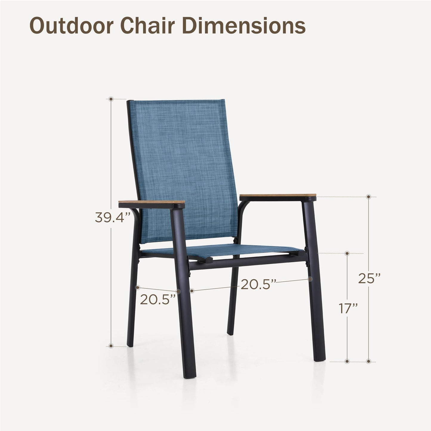 PHI VILLA Outdoor Stackable Chairs, Patio Chairs Set of 6, Light Weight Aluminum Frame with Textilene Fabric & Wood Armrest, High Back Deck Chairs for Poolside Lawn Garden, Blue