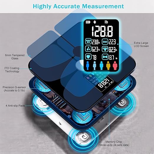 Multi Functional LCD Large Screen Intelligent Digital Body Fat Scale, Tempered Glass Bathroom Scale, Body Composition Analyzer with Smartphone Application and Bluetooth synchronous Scale