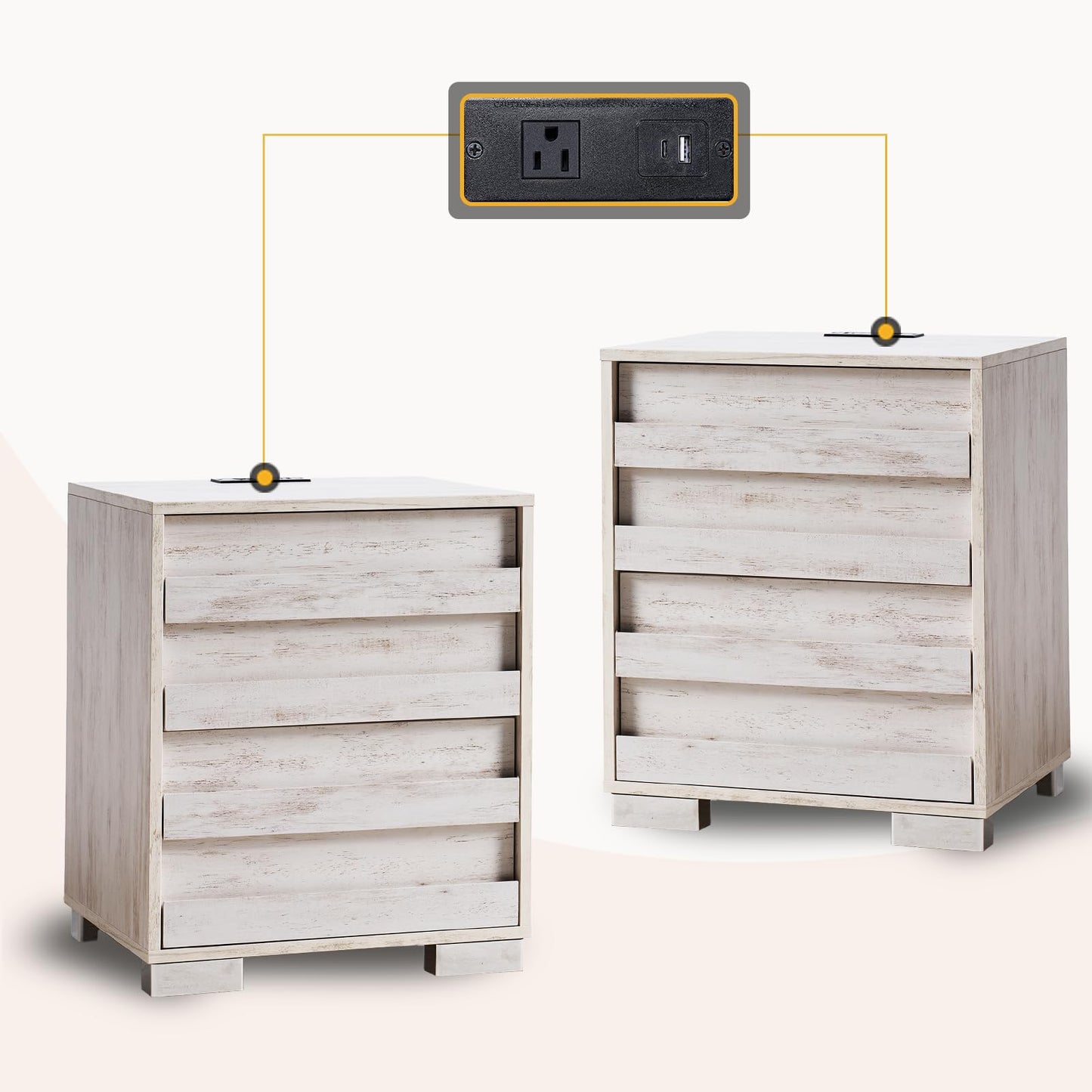 AMERLIFE Nightstand Set of 2 with Charging Station, Wood Bedside Table with 2 Drawers, Farmhouse End Table with Slated Handles & Stainless Steel Feet for Bedroom, Living Room, Distressed White