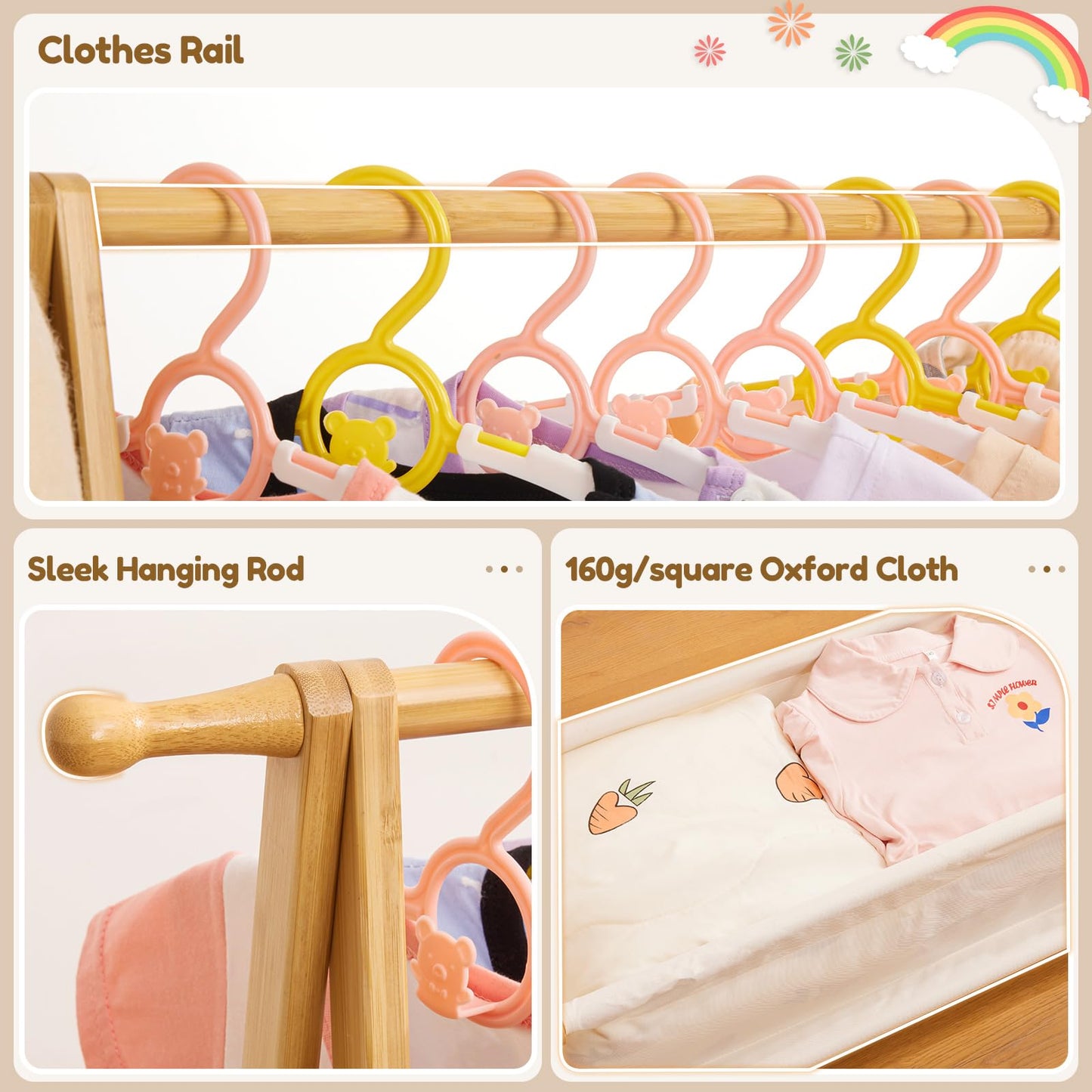 Cozivolife Kids Clothing Rack with Storage Box, Dress up Holder, Child Garment Stand with Hanging Rods, Small and Foldable, Bamboo (Natural)