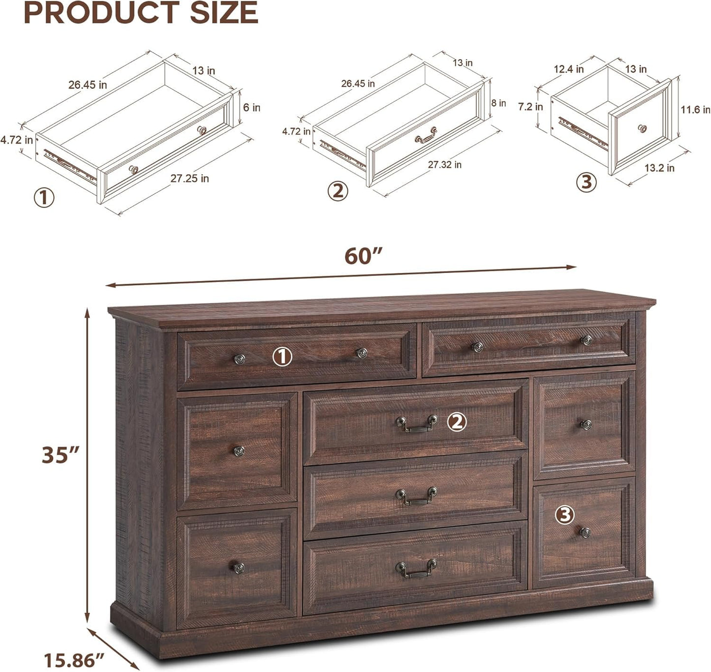 IFGET Farmhouse 9 Drawers Dresser for Bedroom, 60" Wide Wood Rustic Chest of Drawers, Large Storage Dressers Organizer for Bedroom, Living Room, Hallway, Dining Room-Brown