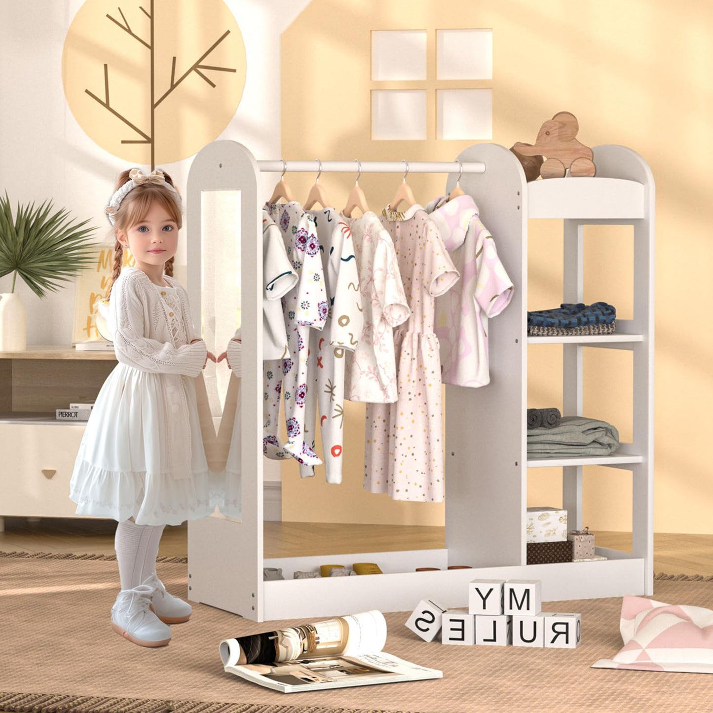 Glaf Kids Dress up Storage with Full Length Mirror, Kid Wardrobe Closet with 3-Tier Shelve, Clothes Rack and Bottom Tray, Opening Hanging Kids Armoire Baby Closet for Nursery & Kids Room (White)
