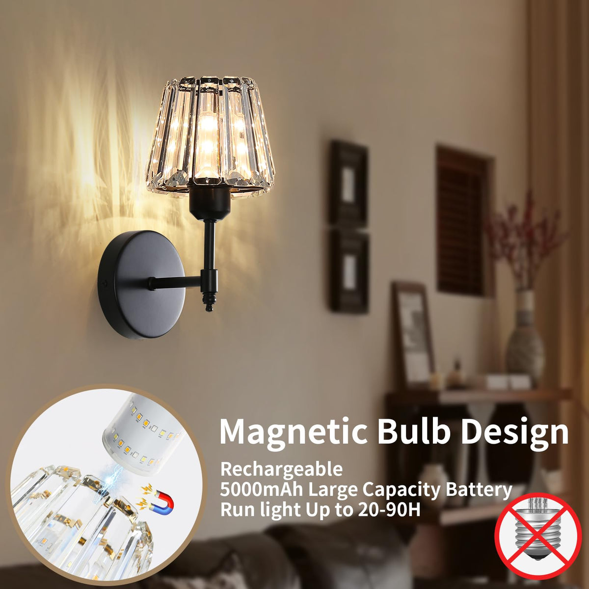 Battery Operated Crystal Wall Sconce Set of 2, Black Rechargeable Wireless Wall Sconces with Remote Dimmable 12 Colors Modes Led Wall Lights, Wall Lamp for Bedroom Living Room Hallway 2 Bulbs Included