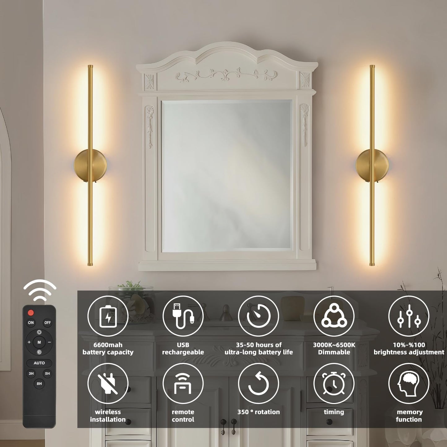 Povectolay Wall Sconces Battery Operated Set of Two, Gold LED Wireless Wall Sconce with Remote Control 350° Rotate, 27.6 Inch Dimmable USB Rechargeable Wall Lights for Living Room Bedroom Hallway