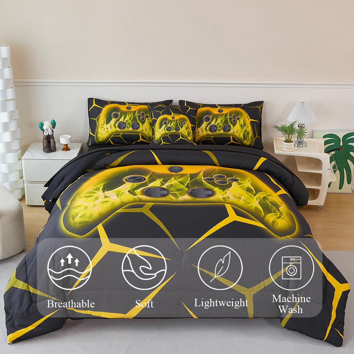ZSYAYAHA Twin Comforter Set Black Boys Bed Set Geometric Gaming Bedding Set for Kids 6 Pieces Bed in A Bag Set Soft Yellow Game Action Buttons Bedding Set for All Season(Yellow, Twin)