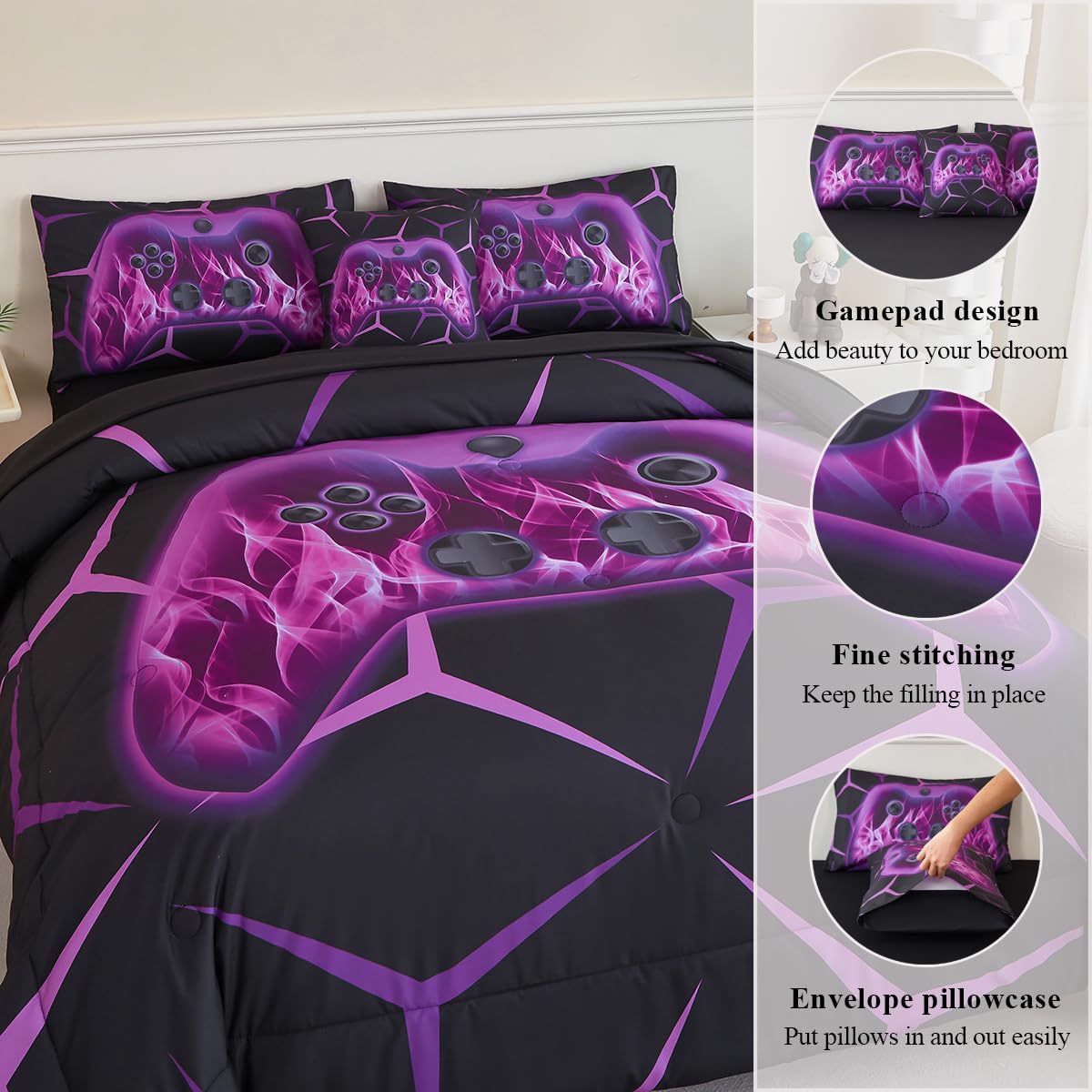ZSYAYAHA Boys Comforter Set Twin 6 Pieces Gaming Bedding Set Black Purple Bed in A Bag Set Modern Video Games Bed Set for Kids Bed Decor(Purple, Twin)