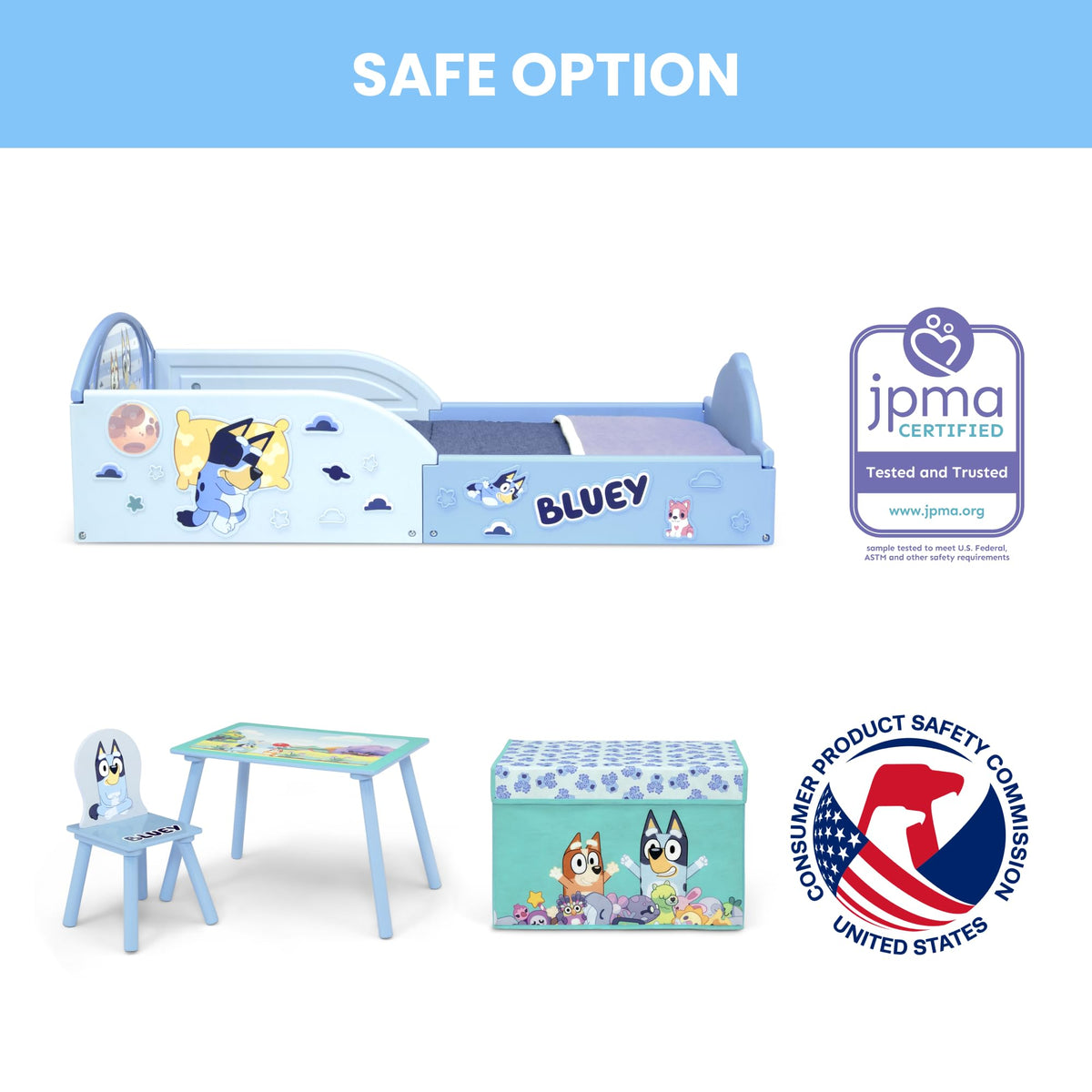Delta Children - Bluey 4-Piece Toddler Room-in-a-Box Set – Includes Sleep and Play Toddler Bed, Table, 1 Chair and Fabric Toy Box, Blue
