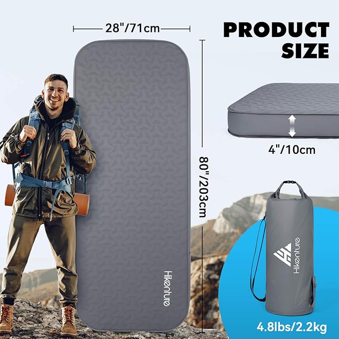 Hikenture 4" Thick Self Inflating Sleeping Pad, Ultralight Foam Camping Mattress, 9.5 R-Value Insulated Sleeping Mat with Pump Sack, Portable All Season Camping Pad for Tent, Car, Cot