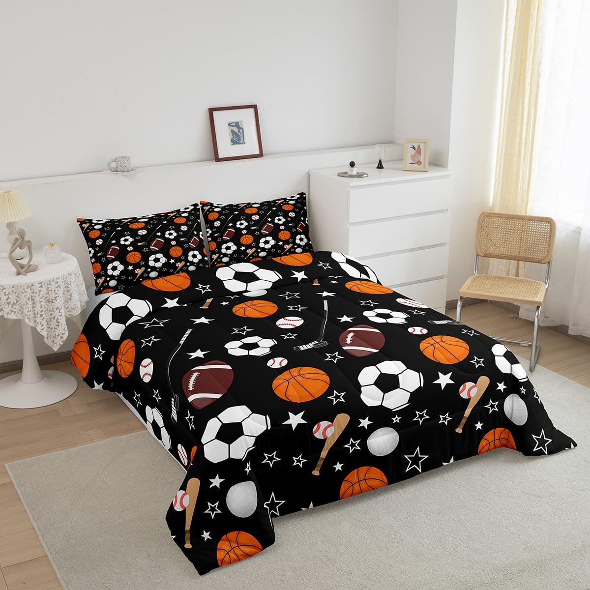 Feelyou Sports Theme Bedding Set Twin Size Basketball Football Baseball Hockey Comforter Set for Kids Boys Girls Teens Toddler Ball Games Duvet Set Black Quilt Set 2Pcs