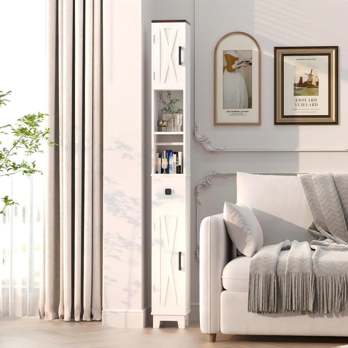 EROMMY Narrow Bathroom Storage Cabinet,71'' Tall Slim Bathroom Cabinet with Adjustable Shelves & Towel Bar, Skinny Freestanding Floor Cabinet for Small Space, Living Room, Shower Room, White