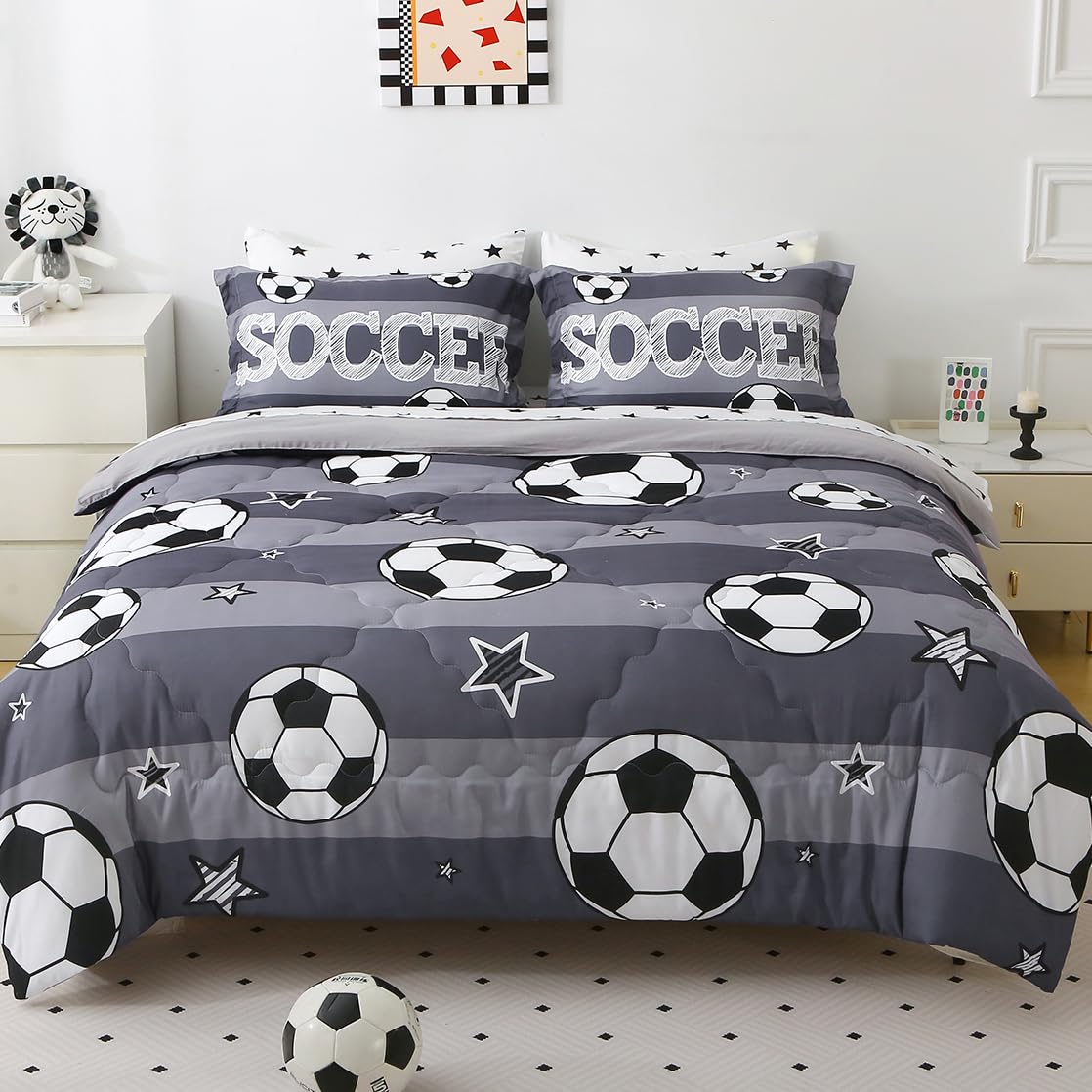 Gusuhome Boys Sports 7 Piece Soccer Comforter Set Twin Size 3D Football Playground Bedding Set for Kids Bed Set Gray(Comforter,Flat Sheet,Fitted Sheet and Pillow Sham)