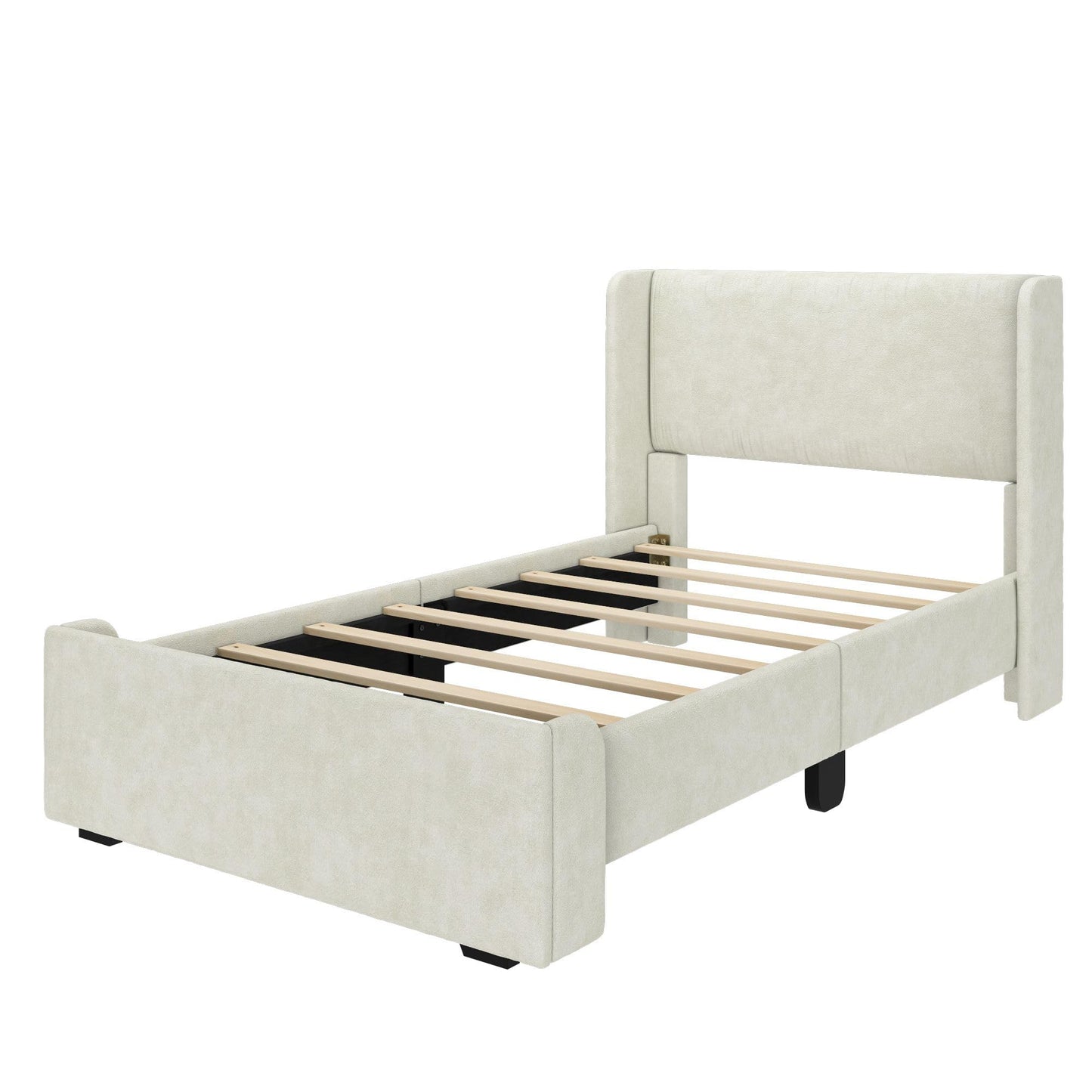Max & Lily Upholstered Twin Bed Frame with Rectangular Headboard, Upholstered Platform Bed for Kids, No Box Spring Needed, Easy Assembly, Cream