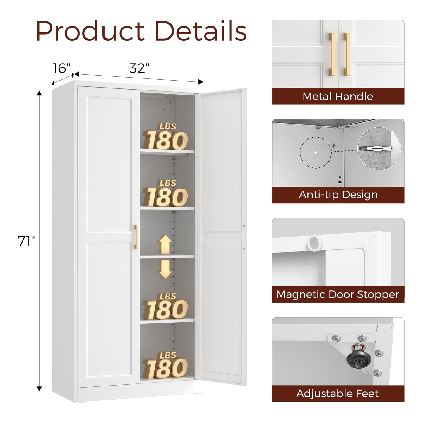Kubohogar 71" Tall Metal Pantry Cabinet, White Kitchen Pantry Storage Cabinet with 4 Adjustable Shelves and Gold Handles, Cupboard for Kitchen, Dining Room, Living Room, Bathroom