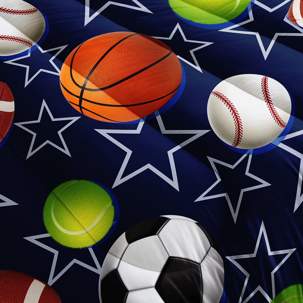 BailiPromise Boys Sports Comforter Set Queen Football Baseball Basketball Soccer Tennis Bedding Set for Teens Kids Blue Star Comforter 3 Piece Bedroom Decor 2 Pillowcases Lightweight Microfiber