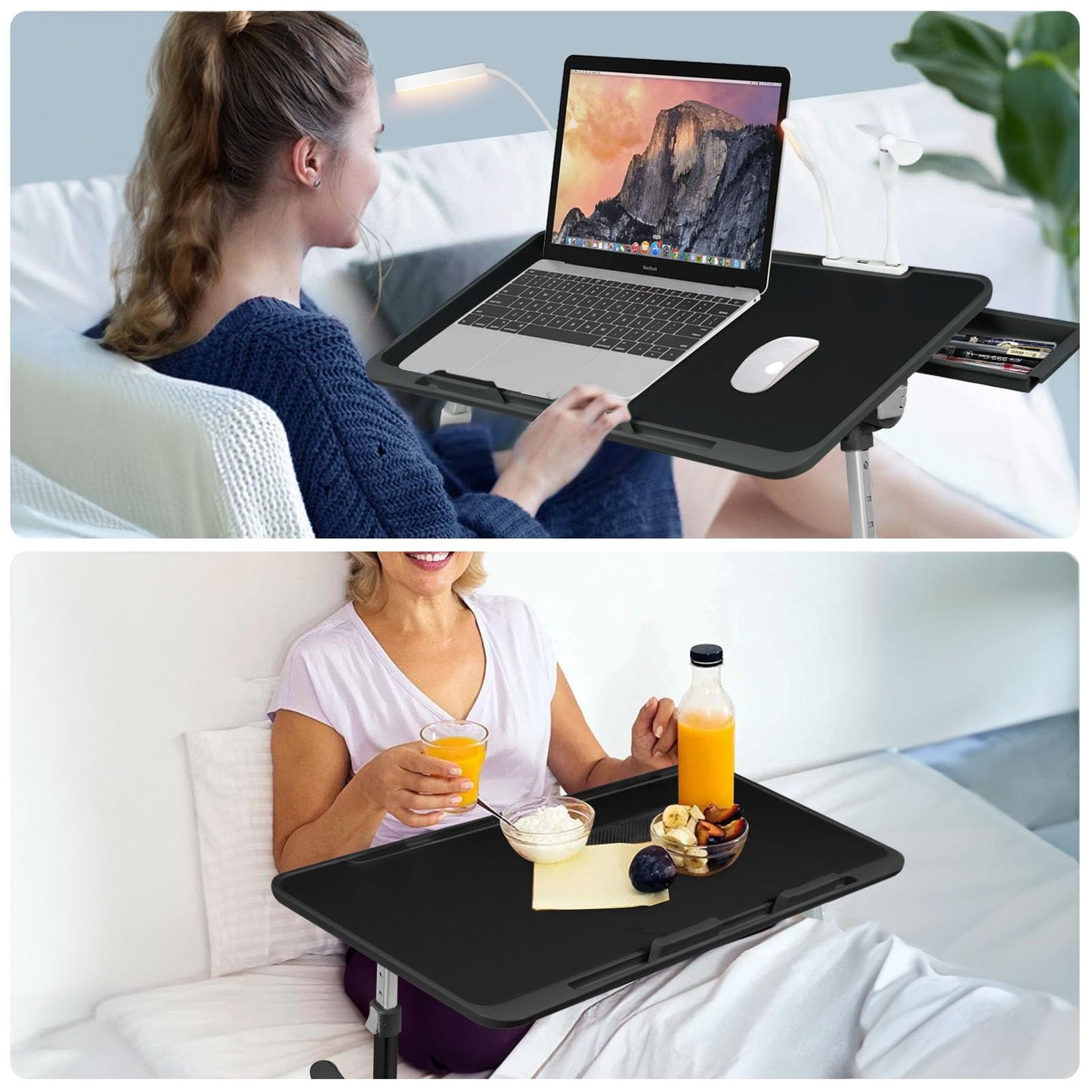 iXTRA Laptop Lap Desk with Cooling Fan - Adjustable with Light, USB, Storage Drawer - Folding Bed Desk,22.04"*12.59",Black