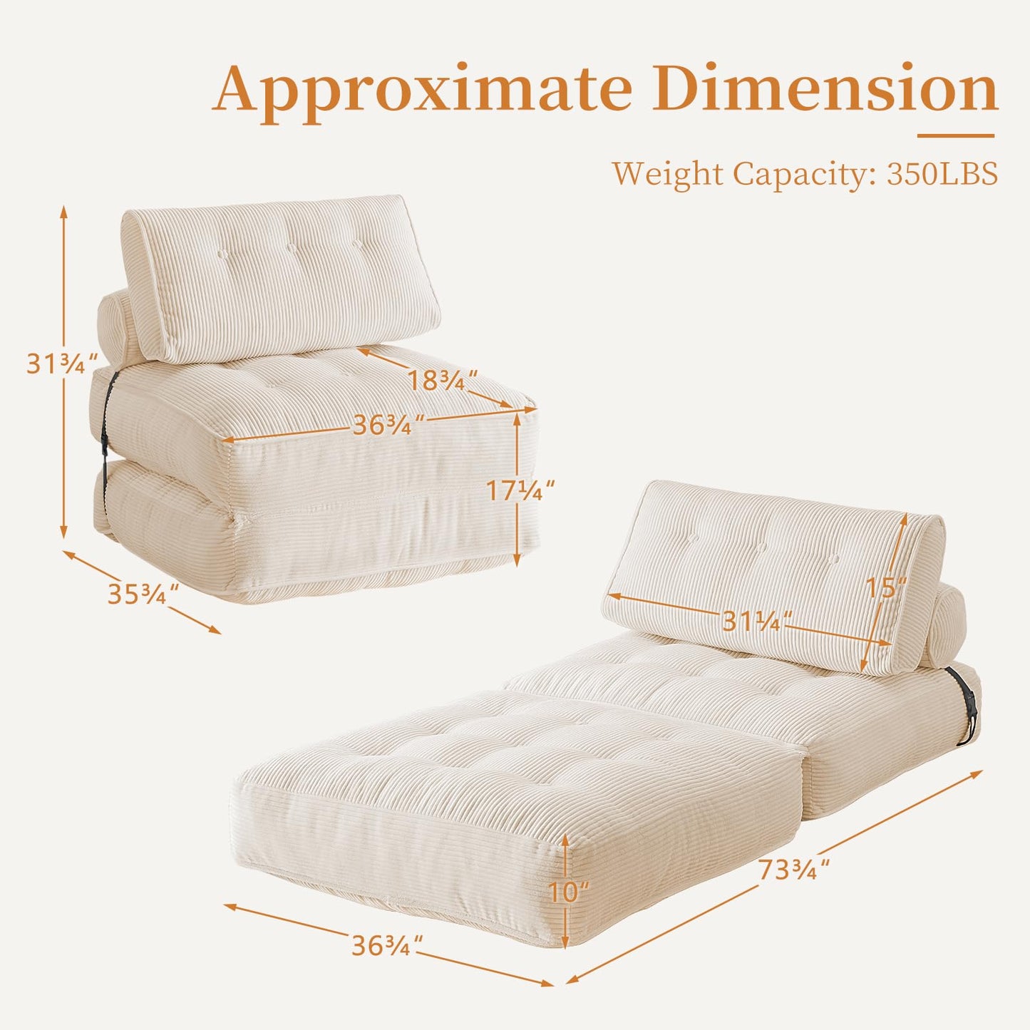 Furnimart Twin Size Folding Sofa Bed, 3 in 1 Convertible Sleeper Chair, Modern Single Sofa Lounge Chair, Small Pull Out Sleep Bed, Floor Futon Couch for Living Room, Corduroy Beige