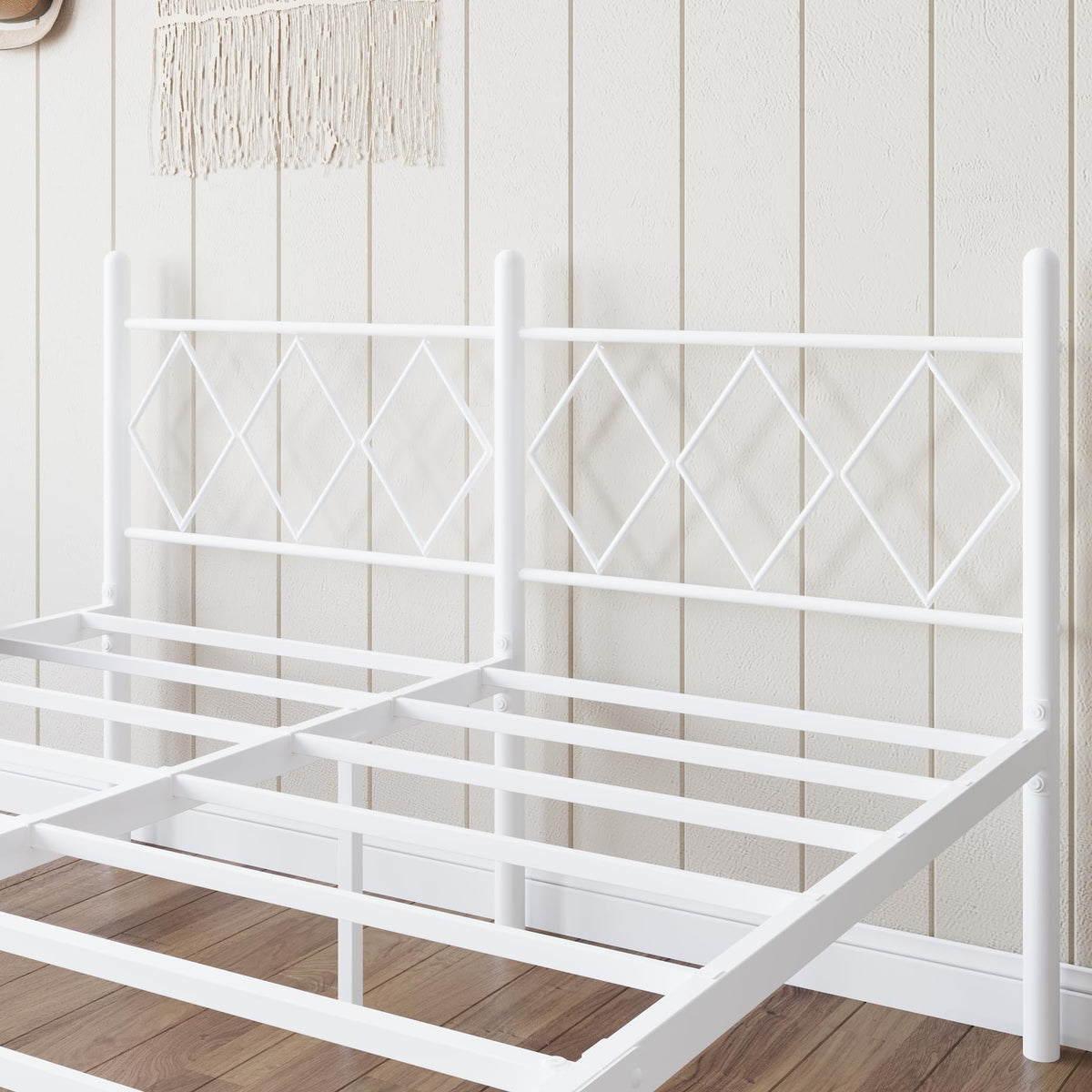 Kinshionroyal 14 Inch Full Size Bed Frame No Box Spring Needed,Metal Platform with Headboard and Footboard,Heavy Duty Slats Support Easy Assemble Noise Free(White and Rhombus)