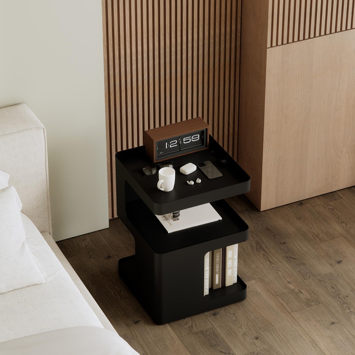 ZHBHYZ Modern Side Table,Small end Tables for Small Spaces,Black Metal nightstand,Bedside Tables,Accent Table with Storage for Couch, Bedroom,Living Room.No Assembly Required