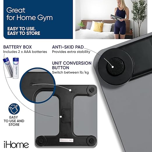 iHome Digital Scale, Bathroom Scale, Batteries Included, Scale Body Weight, Weight Scale, Digital Scale, Bathroom Scales for Weight, Digital Scales for Body Weight, Weight Scales Bathroom (Grey)