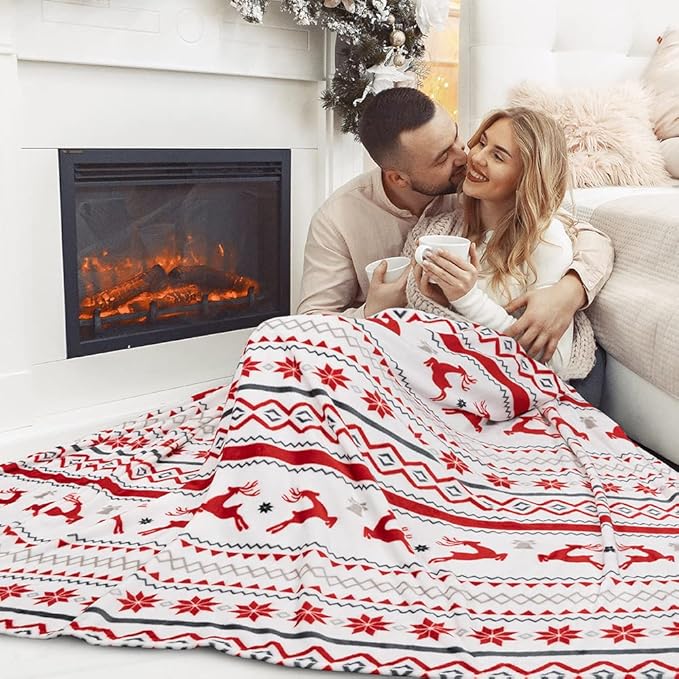 PAVILIA Christmas Throw Blanket | Holiday Christmas Reindeer Snowflakes Fleece Blanket | Soft, Plush, Warm Winter Cabin Throw,60x80 (White Reindeer)