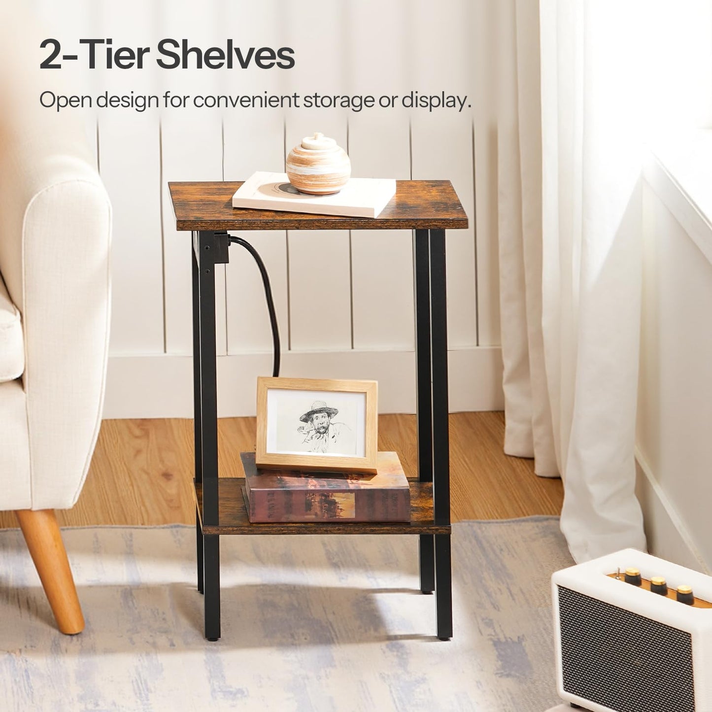 HOOBRO Small End Table with Charging Station, Narrow Side Table with USB Port and Outlets, Skinny Sofa Table, Slim Nightstand, Living Room, Bedroom, Rustic Brown and Black BF240UBZ01