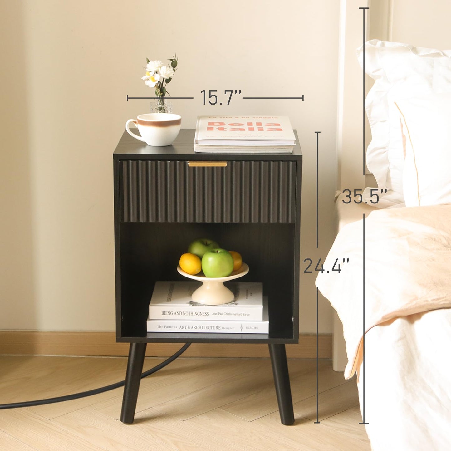 Fultyle Fluted Black Nightstand with Charging Station, Mid Century Modern Bedside Table with Drawers and Outlet,Side Tables Living Room, Wooden Night Stand for Bedroom, Office (Black)