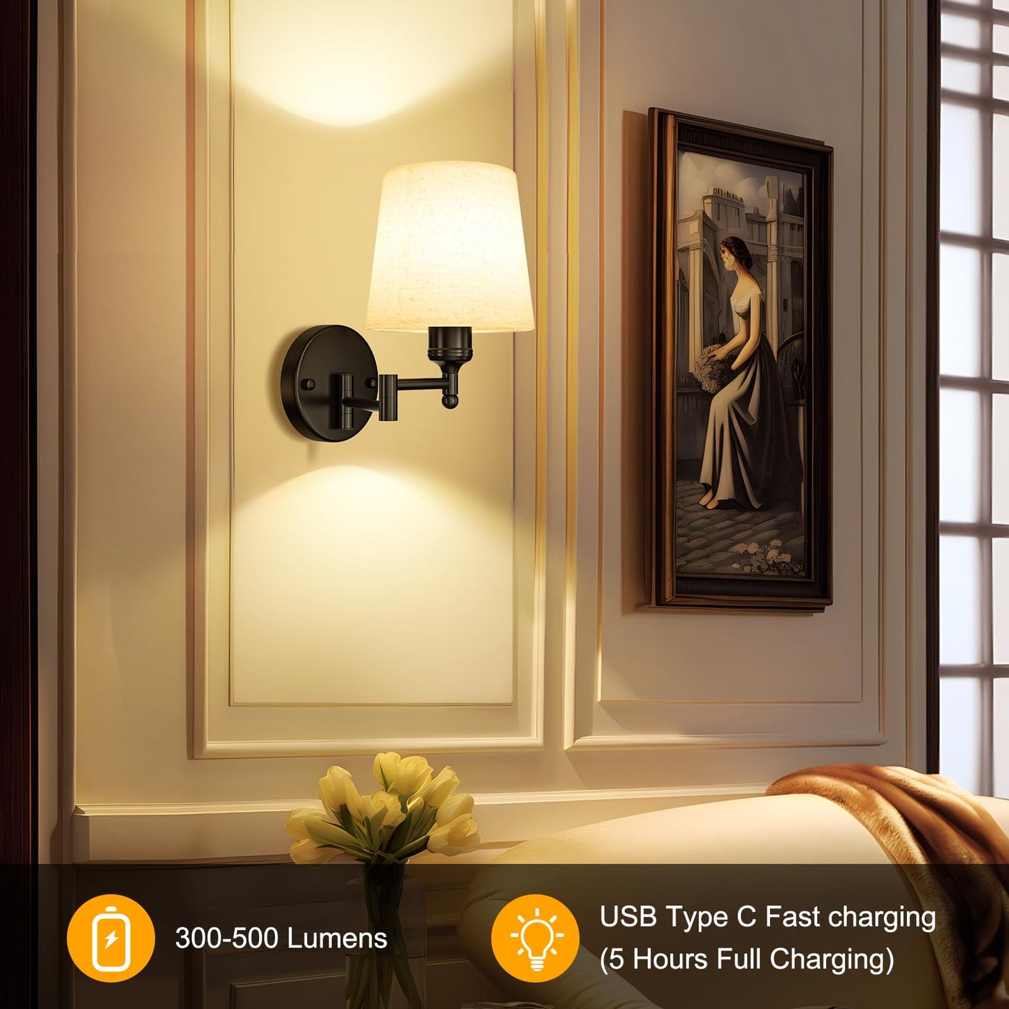 Frideko Swing Arm Rechargeable Wall Sconces Set of Two with Remote, 3 Colors Dimmable Battery Operated Wall Light, 5200mAh Wireless Wall Lamp with 4 Timer, Fabric Indoor Wall Lighting for Bedroom
