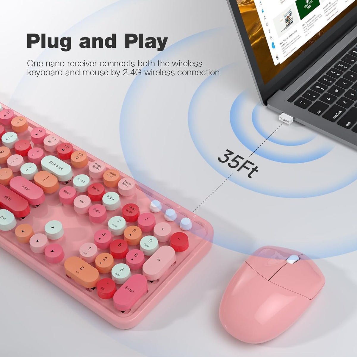 MOFII Wireless Keyboard and Mouse Combo, Pink Wireless Keyboard, 2.4GHz Retro Full Size with Number Pad & Cute Mouse for Computer PC Laptop Windows XP/7/8/10 (Pink-Colorful)