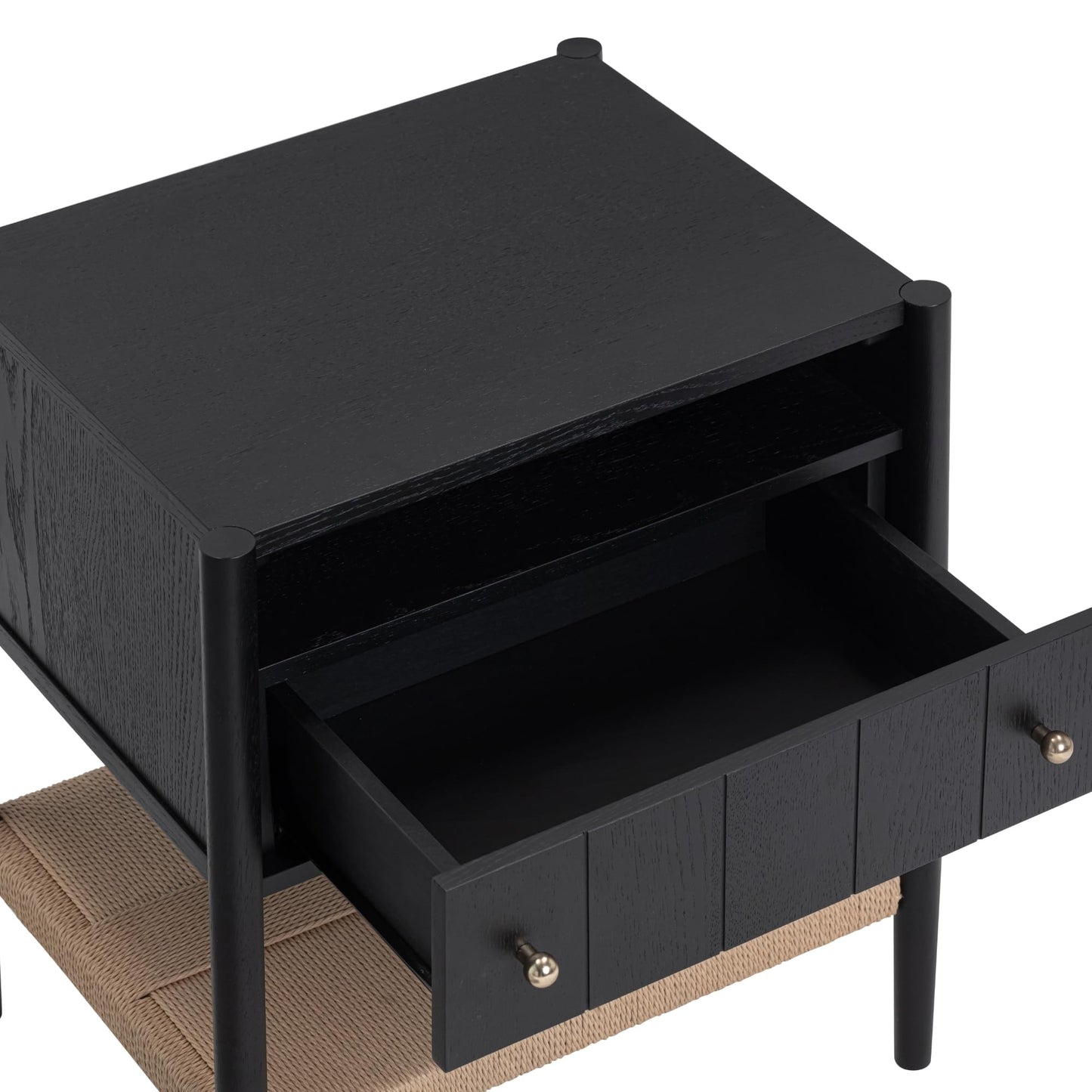 Nathan James Meads Wood Nightstand with Drawer, Vintage Nightstand with Seagrass Storage and Brass Handles, Black Oak