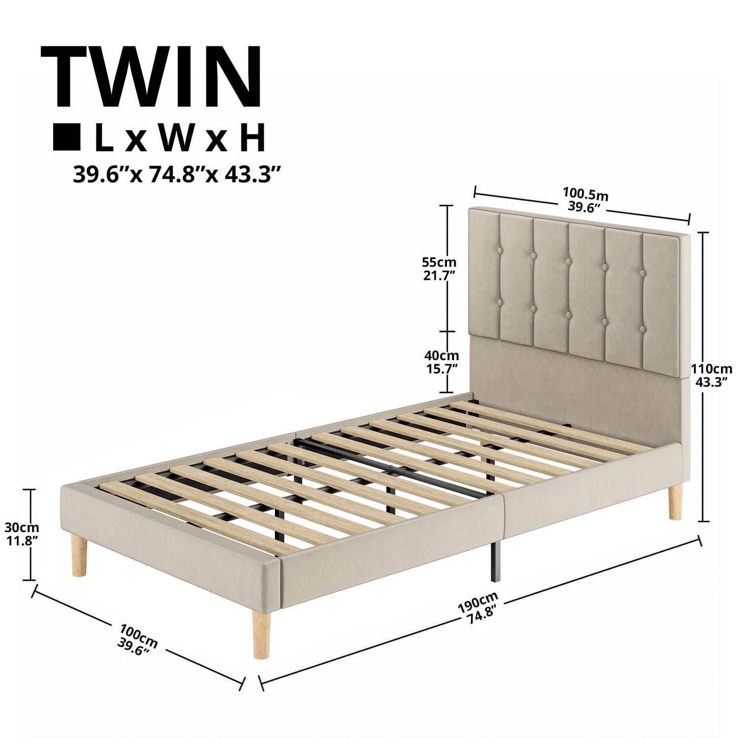 LIKIMIO Twin Bed Frames, Velvet Upholstered Platform Bed Frame with Headboard and Strong Wooden Slats, No Box Spring Needed/Noise-Free/Easy Assembly, Beige